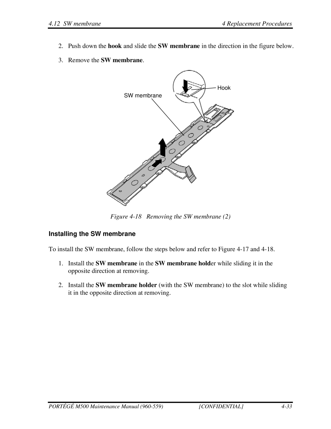 Toshiba SATELLITE U200 manual SW membrane Replacement Procedures, Installing the SW membrane 