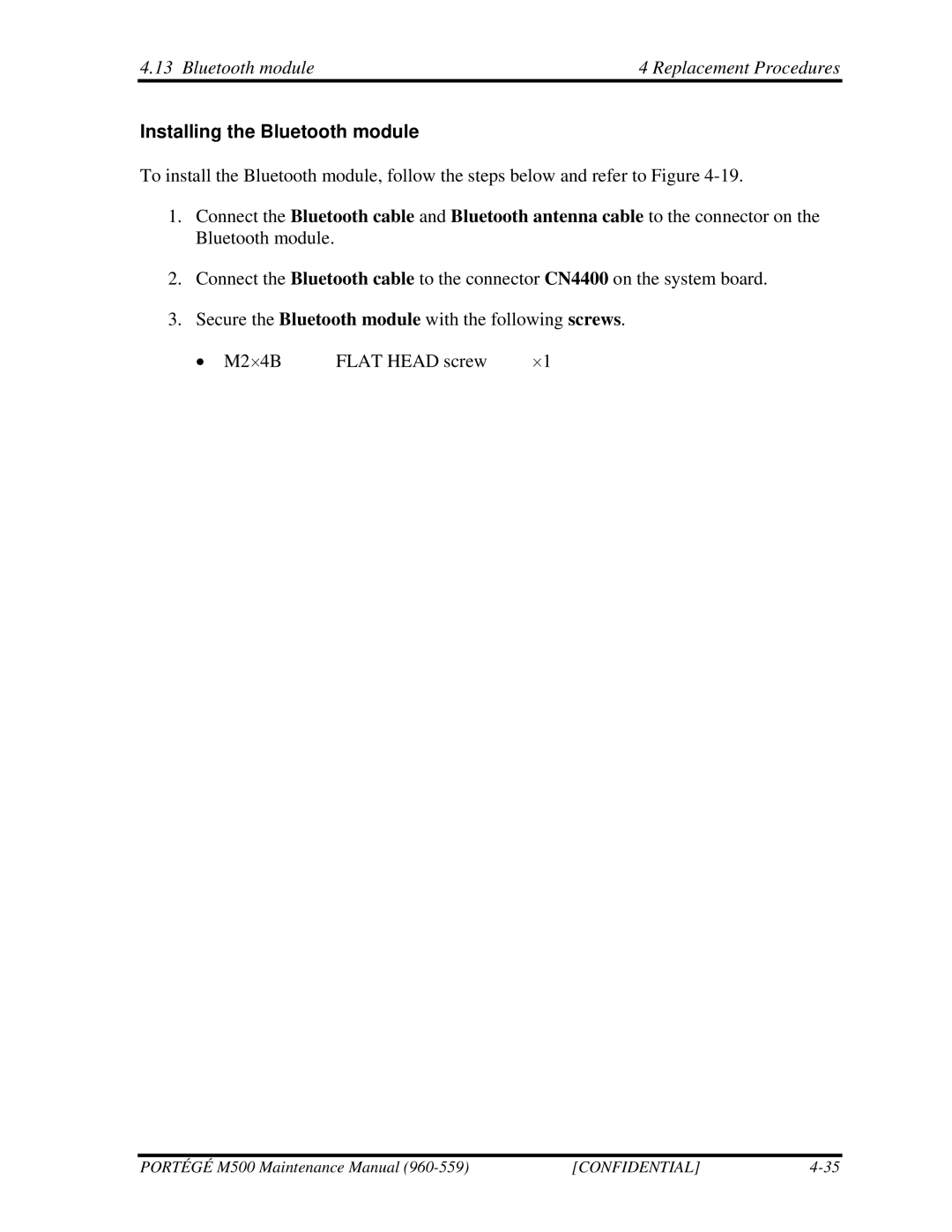 Toshiba SATELLITE U200 manual Bluetooth module Replacement Procedures, Installing the Bluetooth module 