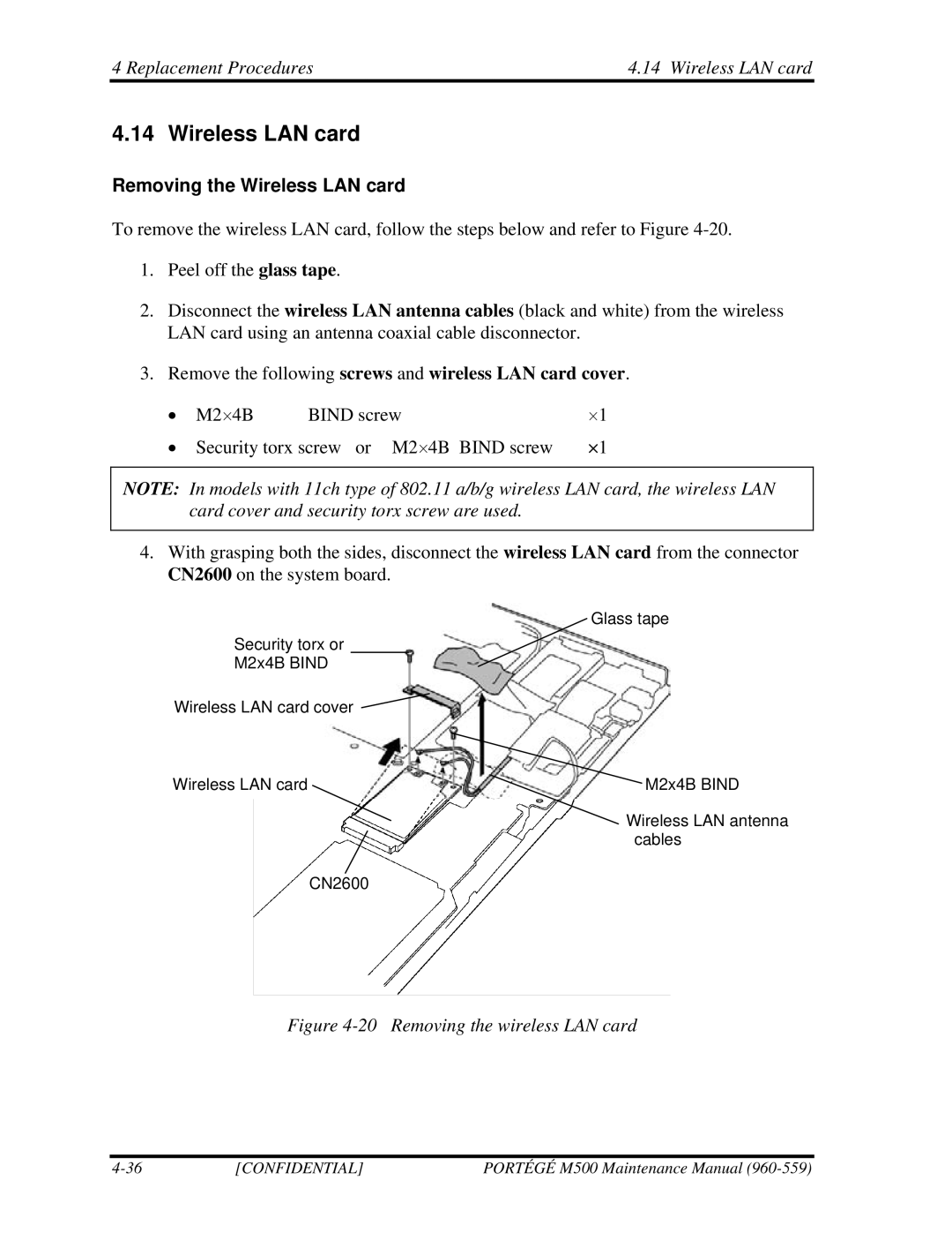 Toshiba SATELLITE U200 manual Replacement Procedures Wireless LAN card, Removing the Wireless LAN card 