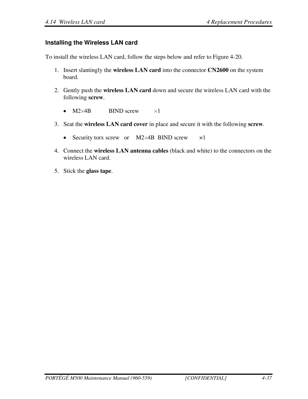 Toshiba SATELLITE U200 manual Wireless LAN card Replacement Procedures, Installing the Wireless LAN card 