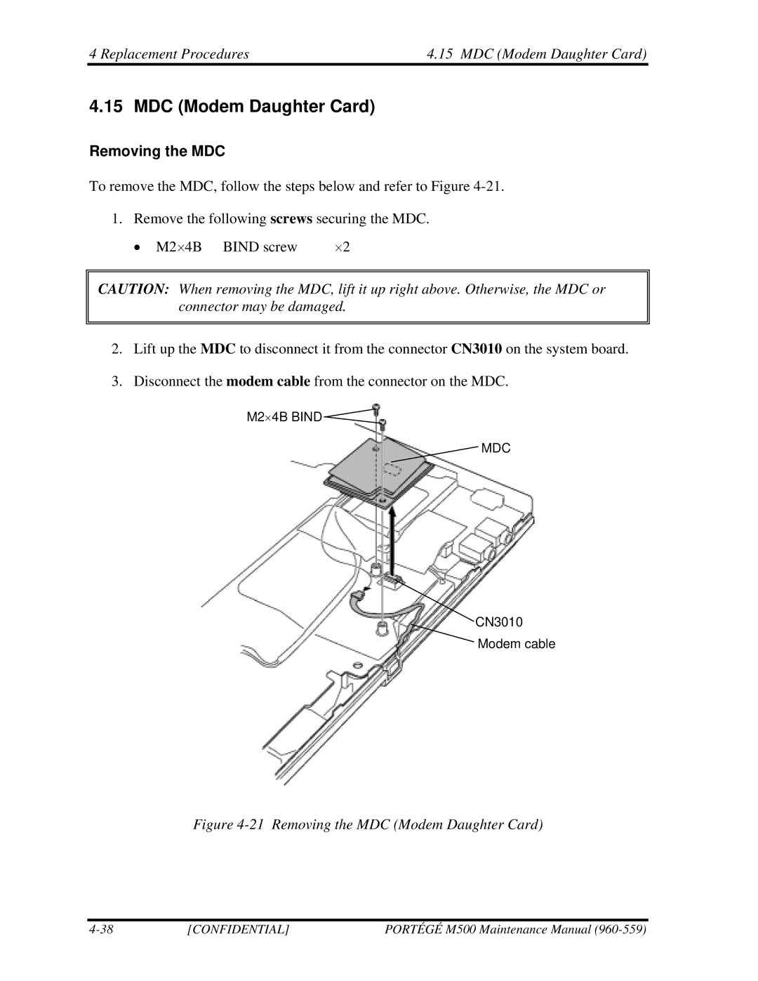 Toshiba SATELLITE U200 manual Replacement Procedures4.15 MDC Modem Daughter Card, Removing the MDC 