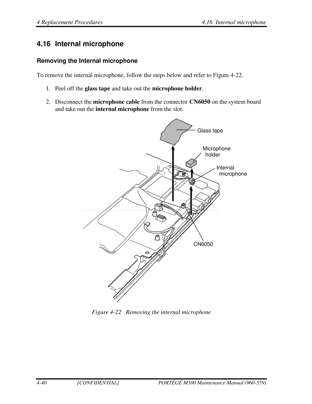 Toshiba SATELLITE U200 manual Replacement Procedures Internal microphone, Removing the Internal microphone 