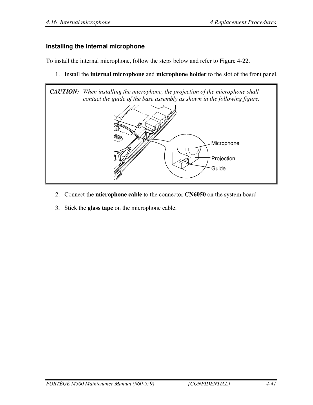 Toshiba SATELLITE U200 manual Internal microphone Replacement Procedures, Installing the Internal microphone 