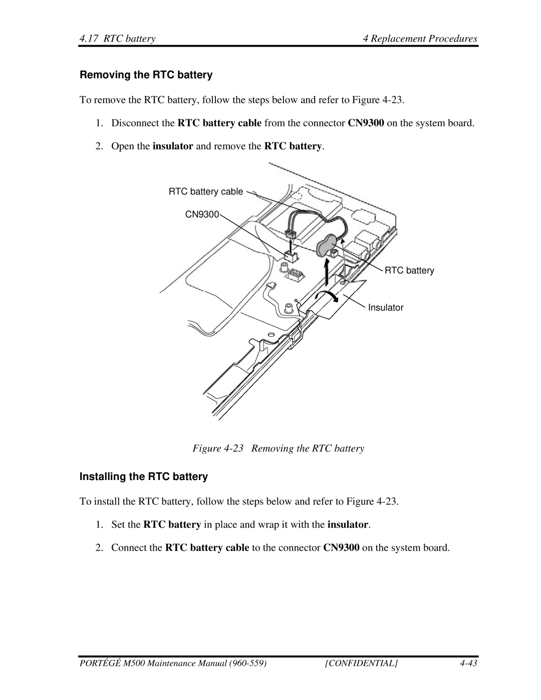 Toshiba SATELLITE U200 manual RTC battery Replacement Procedures, Removing the RTC battery, Installing the RTC battery 