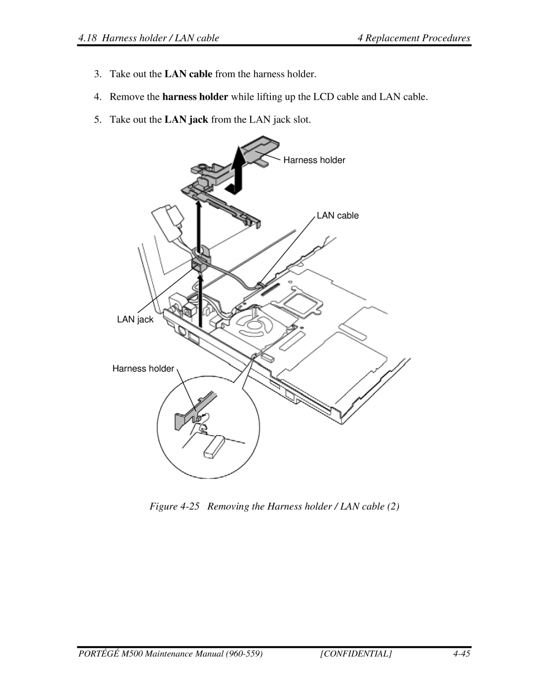 Toshiba SATELLITE U200 manual Harness holder / LAN cable Replacement Procedures, Removing the Harness holder / LAN cable 