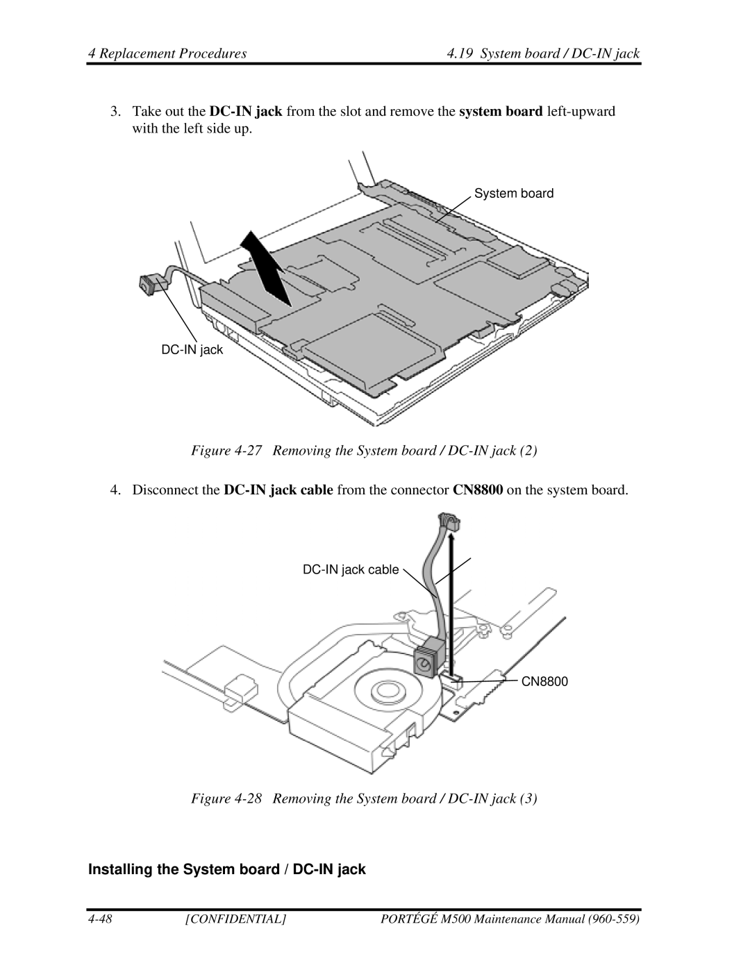 Toshiba SATELLITE U200 manual Replacement Procedures System board / DC-IN jack, Installing the System board / DC-IN jack 