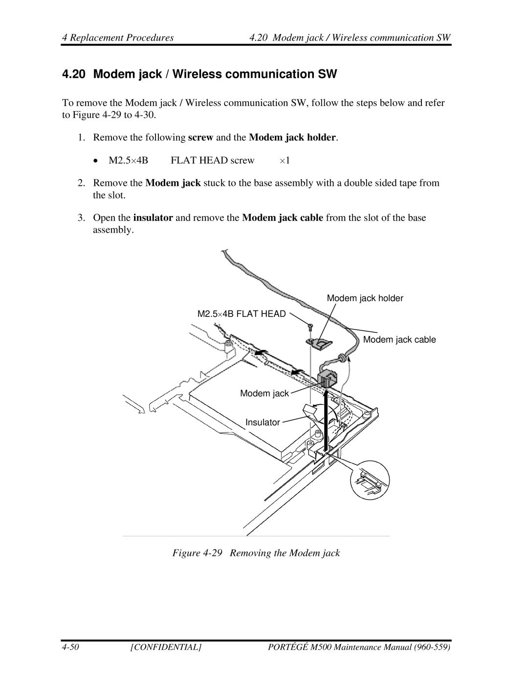 Toshiba SATELLITE U200 manual Modem jack / Wireless communication SW, Removing the Modem jack 