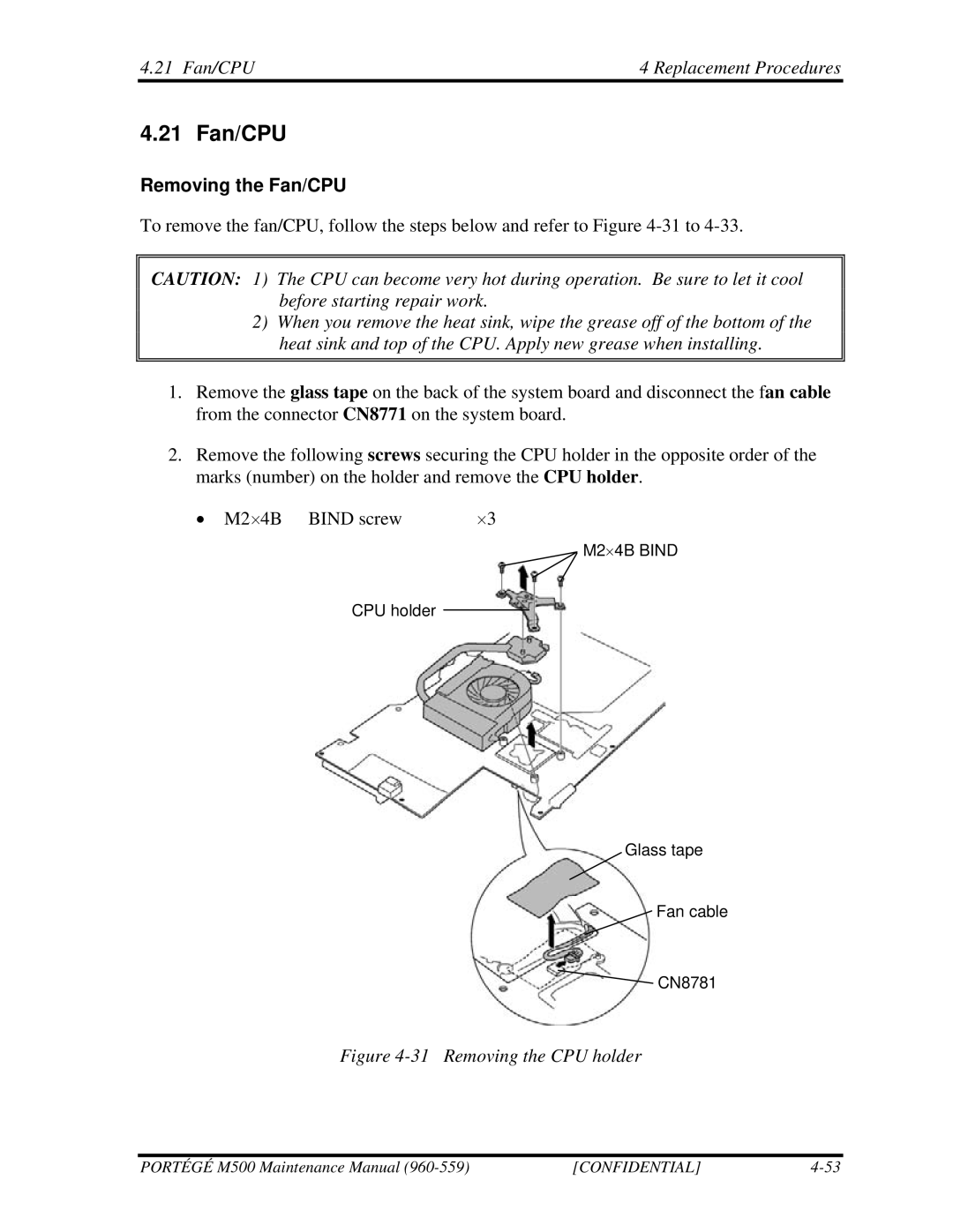 Toshiba SATELLITE U200 manual 21 Fan/CPU Replacement Procedures, Removing the Fan/CPU 