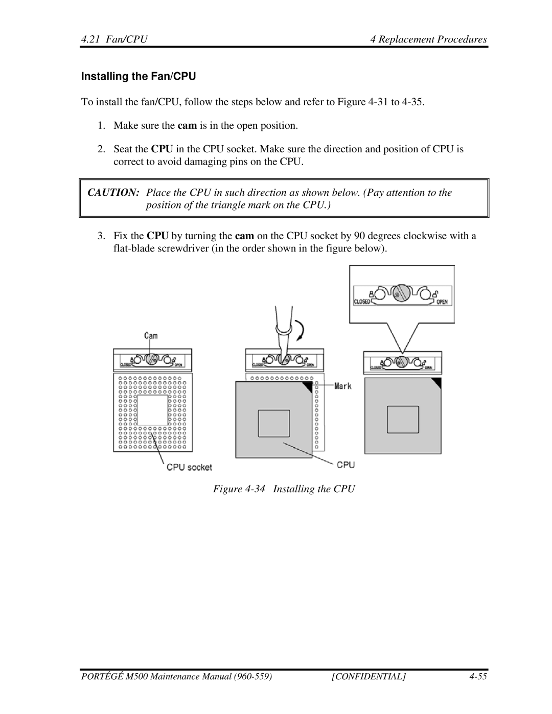 Toshiba SATELLITE U200 manual Installing the Fan/CPU, Installing the CPU 