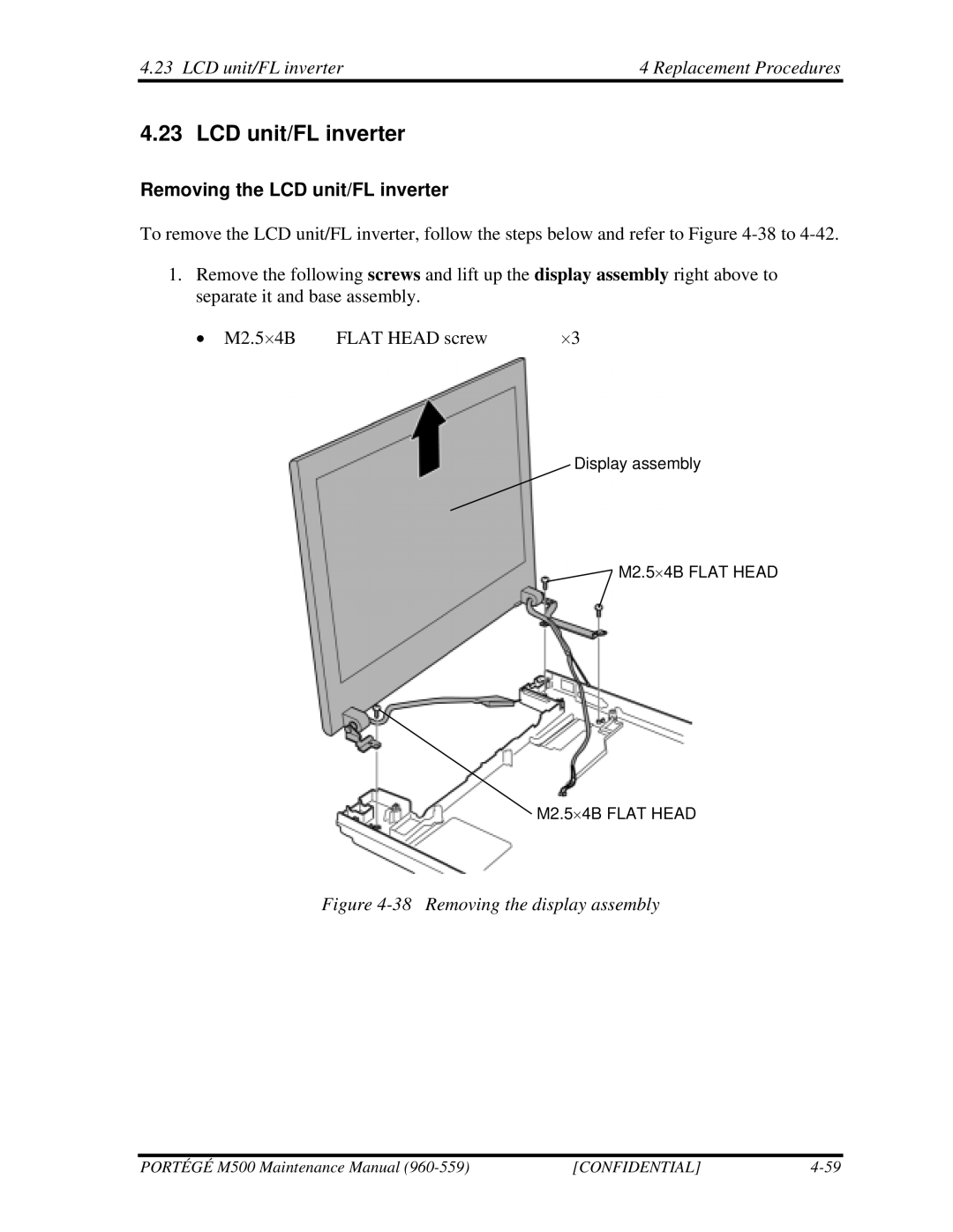 Toshiba SATELLITE U200 manual LCD unit/FL inverter Replacement Procedures, Removing the LCD unit/FL inverter 