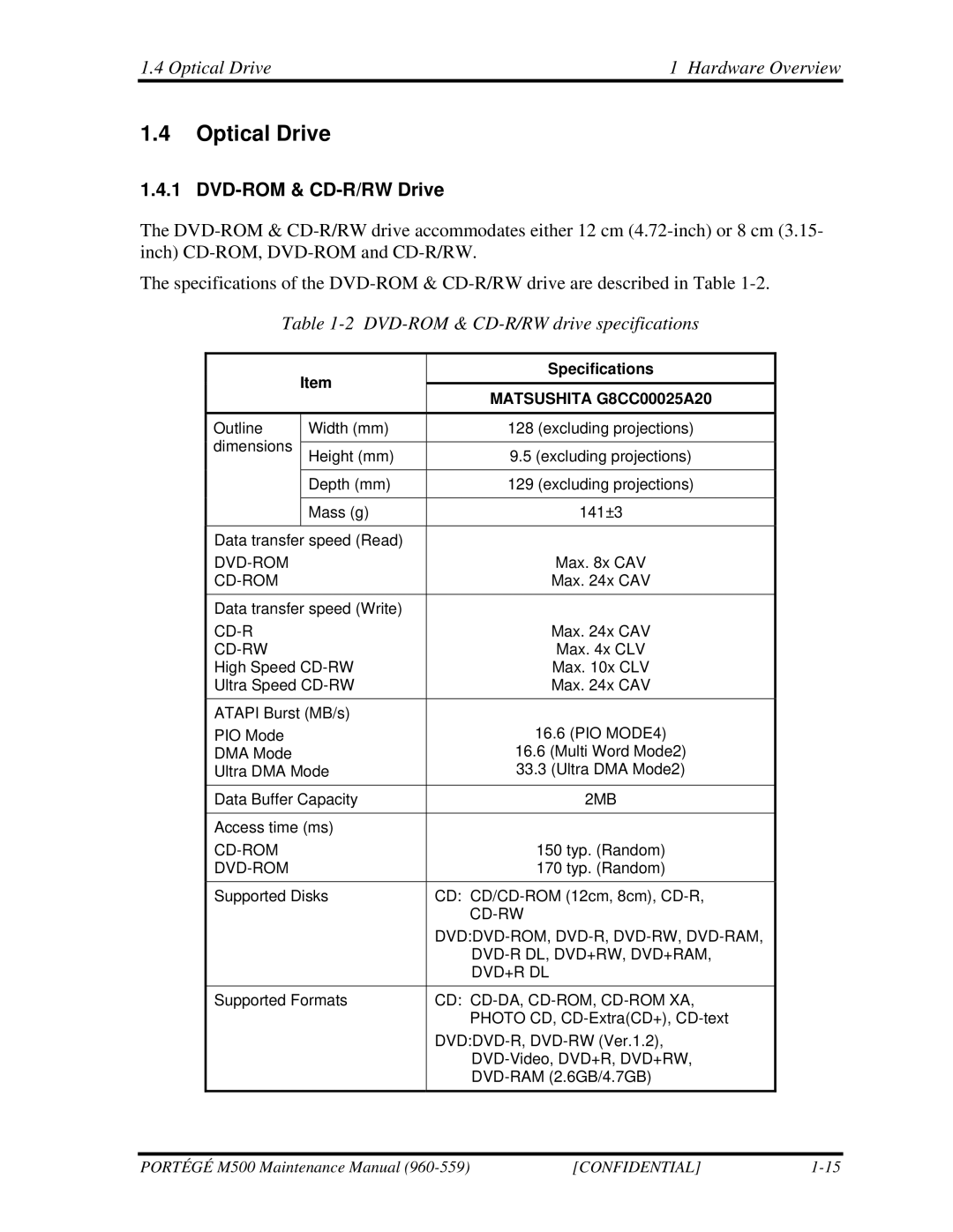 Toshiba SATELLITE U200 manual Optical Drive Hardware Overview, DVD-ROM & CD-R/RW Drive 