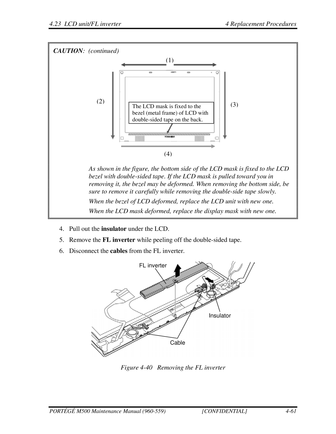 Toshiba SATELLITE U200 manual Removing the FL inverter 