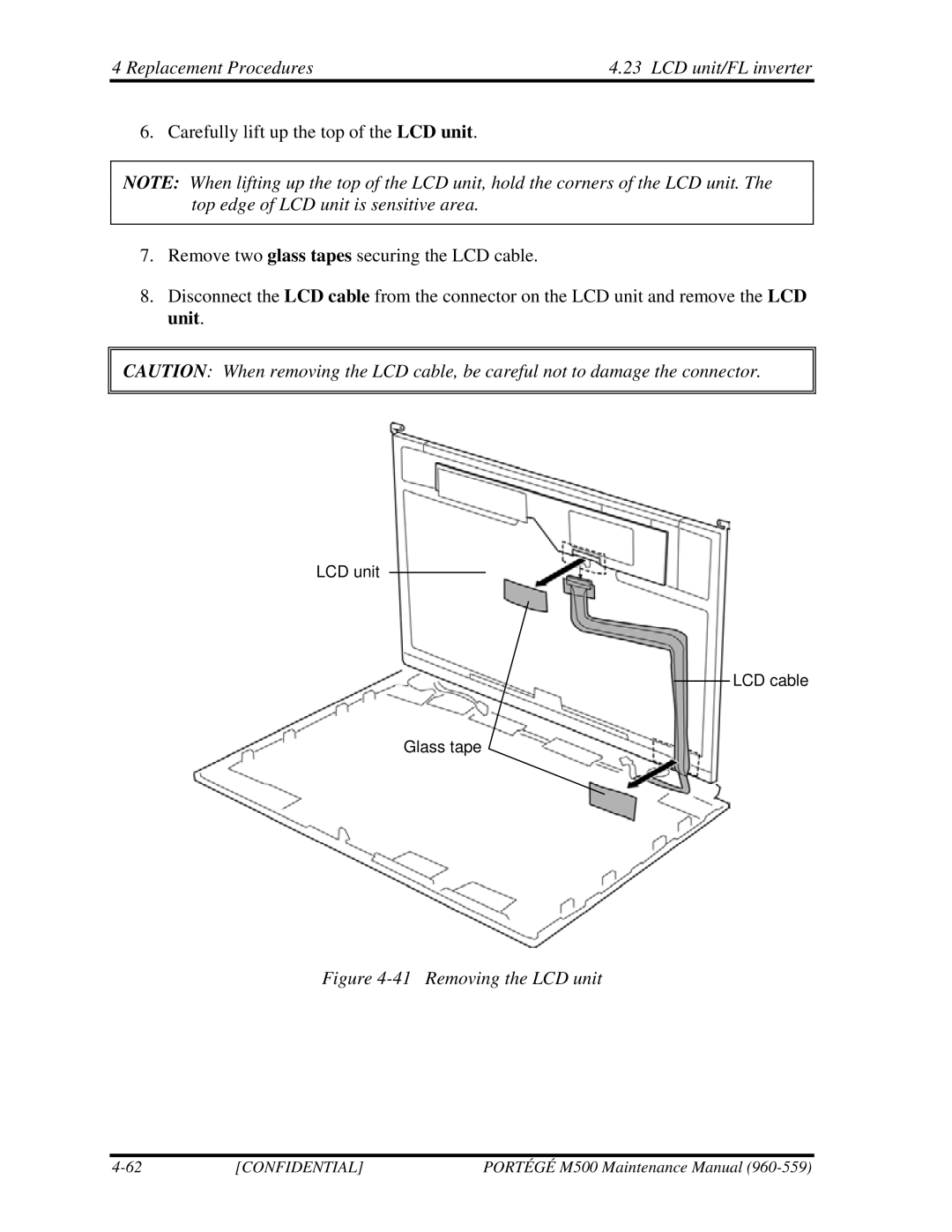 Toshiba SATELLITE U200 manual Removing the LCD unit 