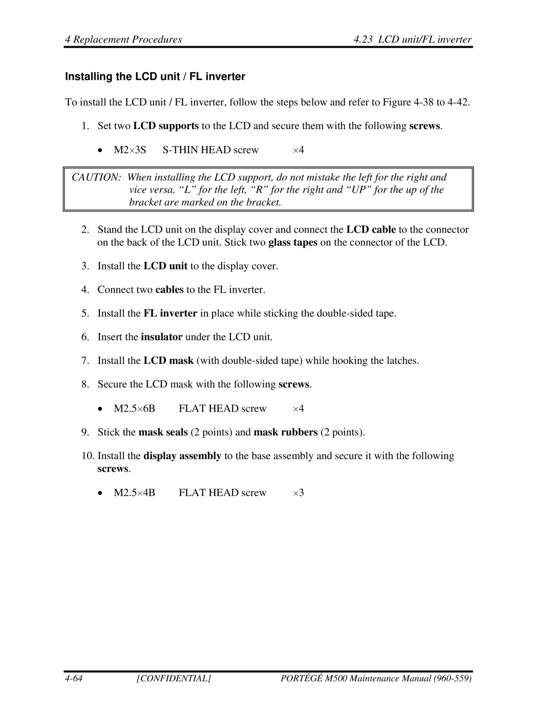 Toshiba SATELLITE U200 manual Installing the LCD unit / FL inverter 