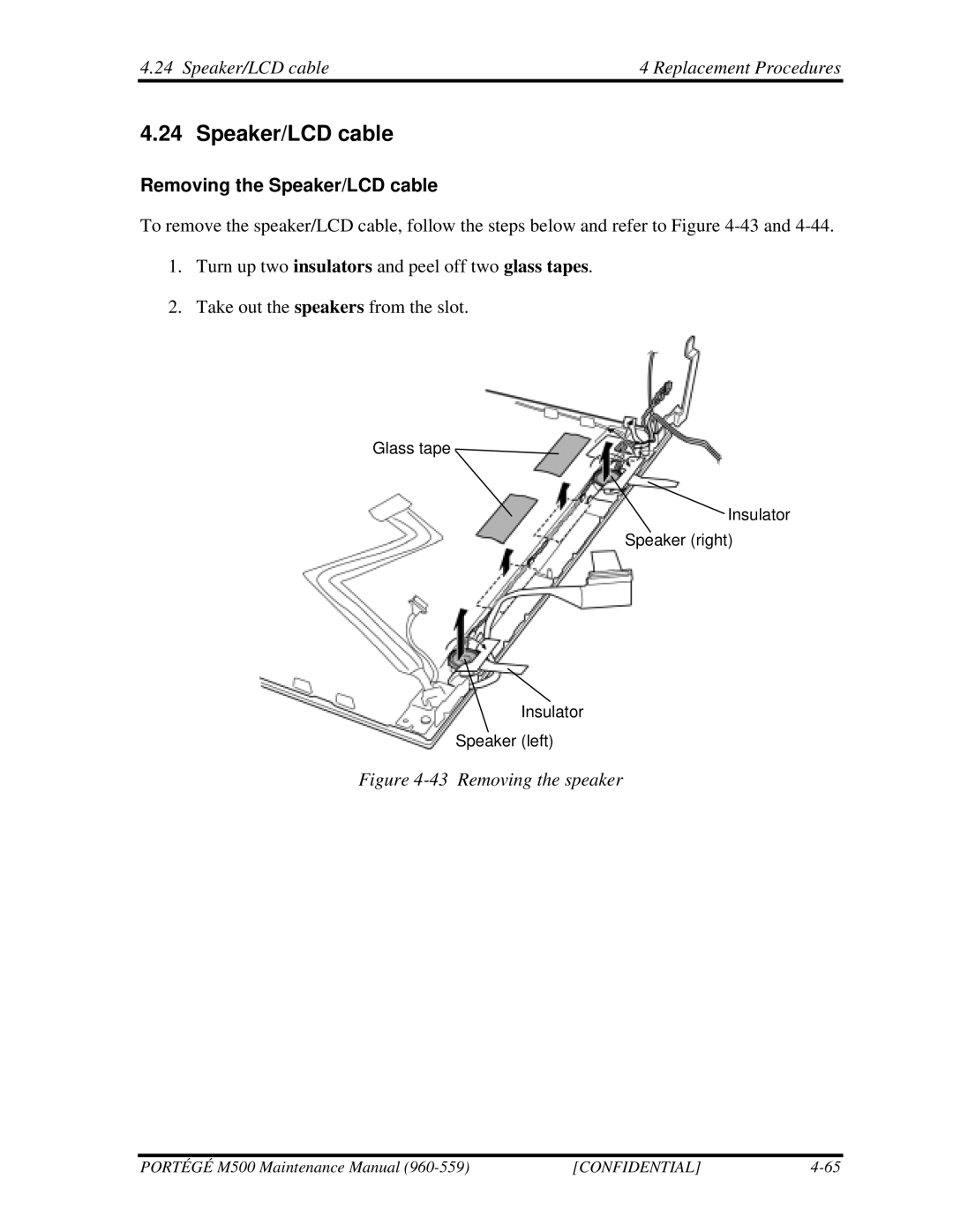 Toshiba SATELLITE U200 manual Speaker/LCD cable Replacement Procedures, Removing the Speaker/LCD cable 