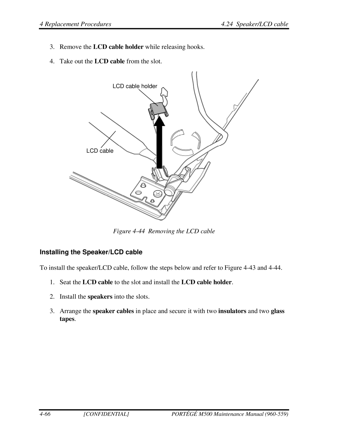 Toshiba SATELLITE U200 manual Replacement Procedures Speaker/LCD cable, Installing the Speaker/LCD cable 