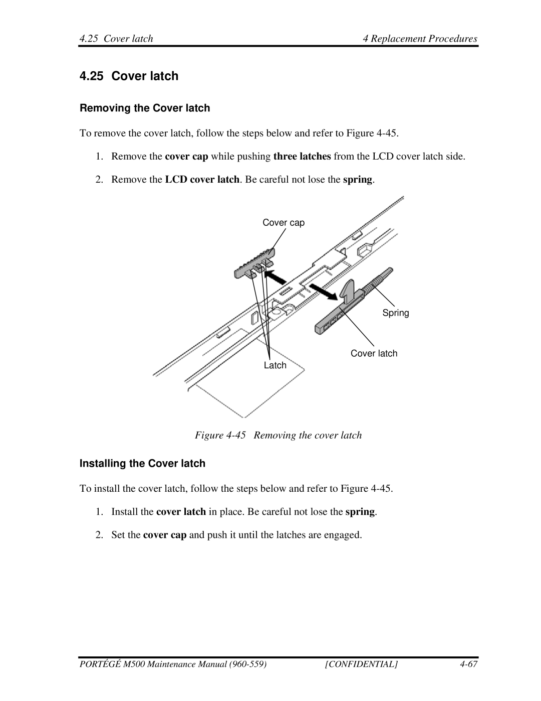 Toshiba SATELLITE U200 manual Cover latch Replacement Procedures, Removing the Cover latch, Installing the Cover latch 