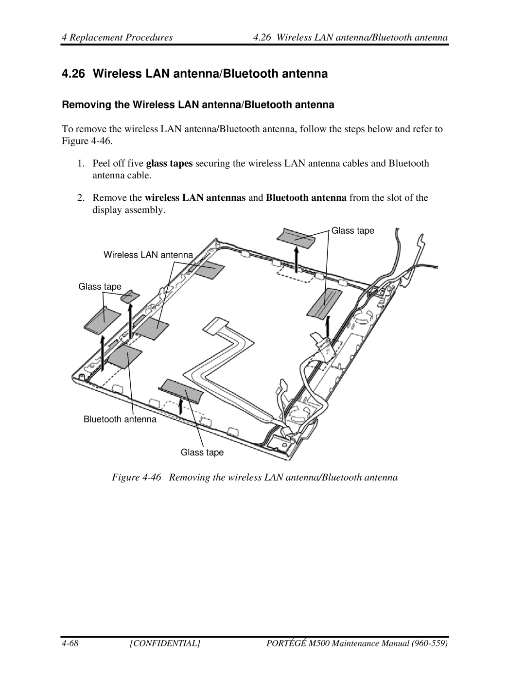 Toshiba SATELLITE U200 manual Removing the Wireless LAN antenna/Bluetooth antenna 