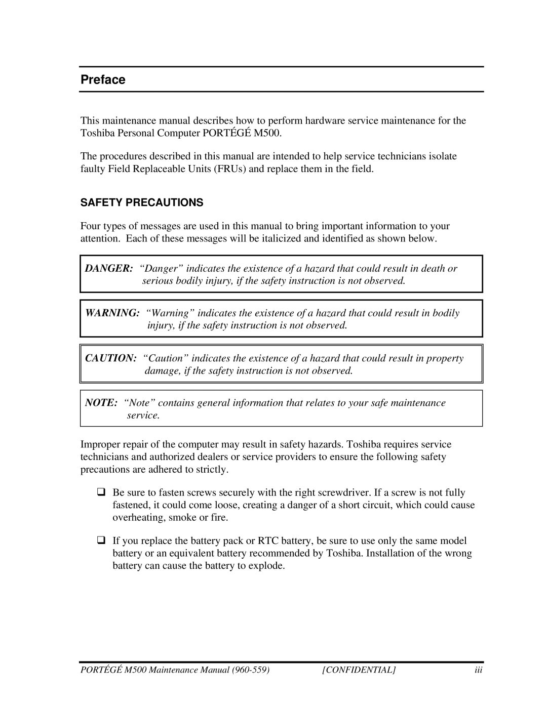 Toshiba SATELLITE U200 manual Preface, Safety Precautions 