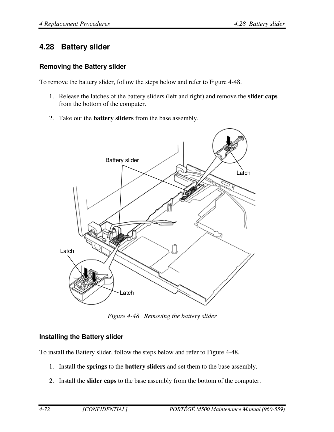 Toshiba SATELLITE U200 manual Replacement Procedures Battery slider, Removing the Battery slider 