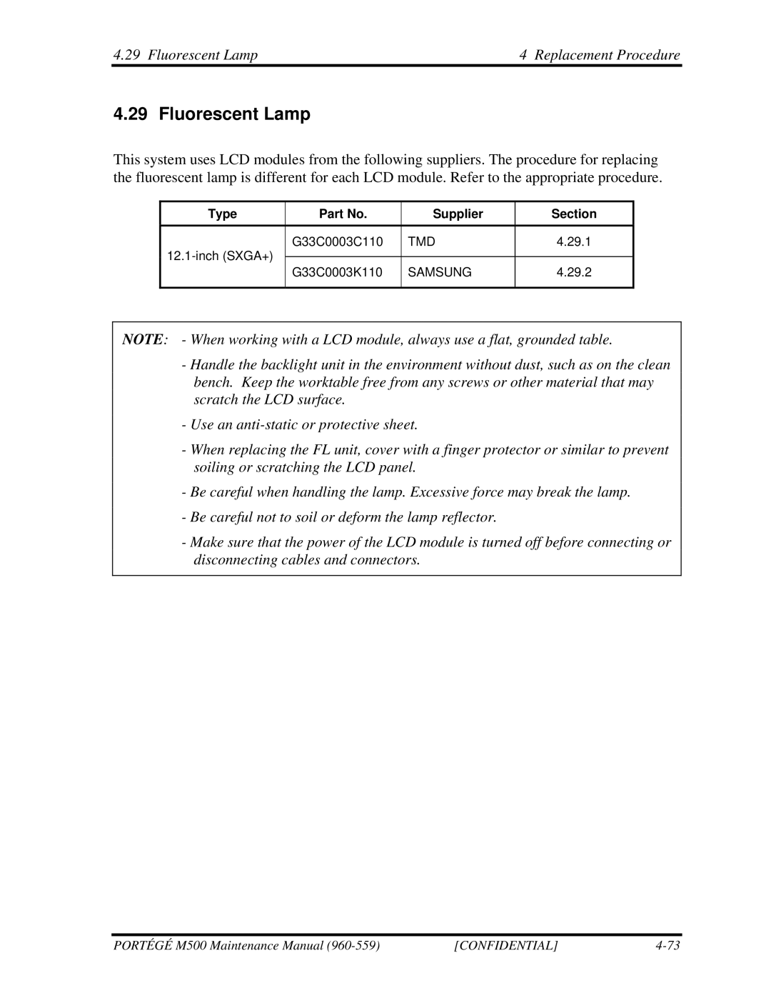 Toshiba SATELLITE U200 manual Fluorescent Lamp Replacement Procedure 