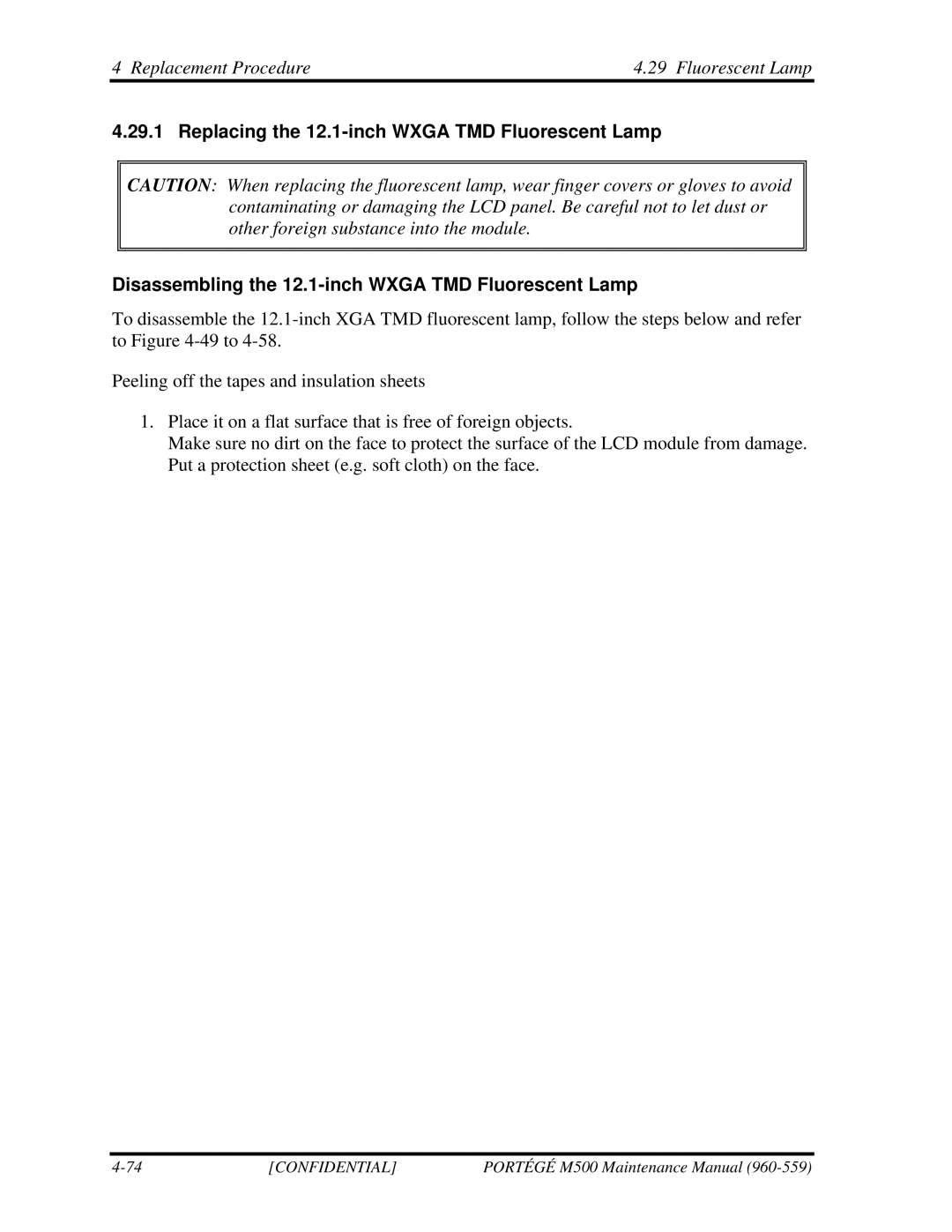 Toshiba SATELLITE U200 manual Replacement Procedure Fluorescent Lamp 