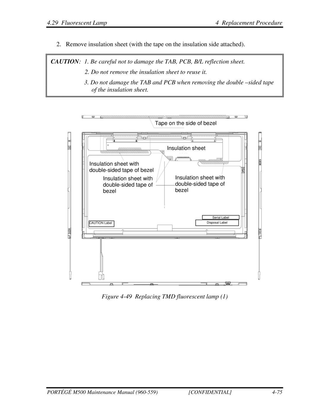 Toshiba SATELLITE U200 manual Replacing TMD fluorescent lamp 