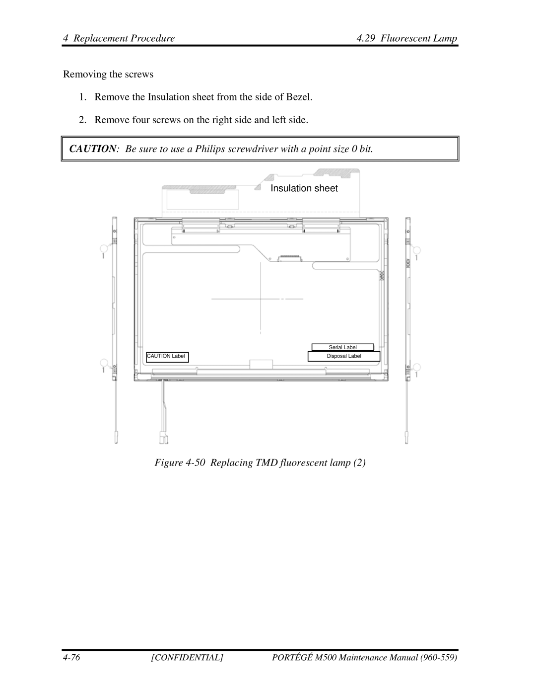 Toshiba SATELLITE U200 manual Replacing TMD fluorescent lamp 