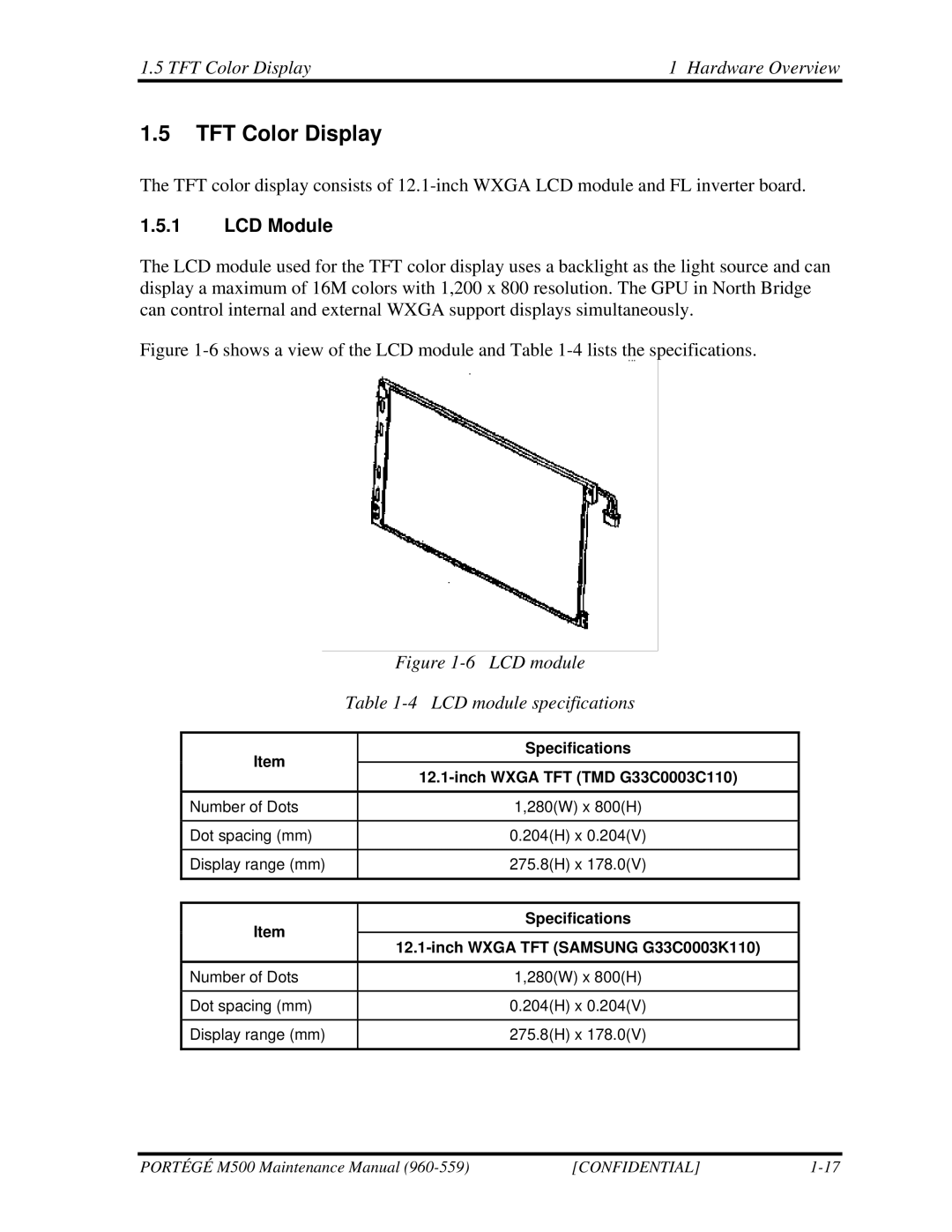 Toshiba SATELLITE U200 manual TFT Color Display Hardware Overview, LCD Module, LCD module specifications 