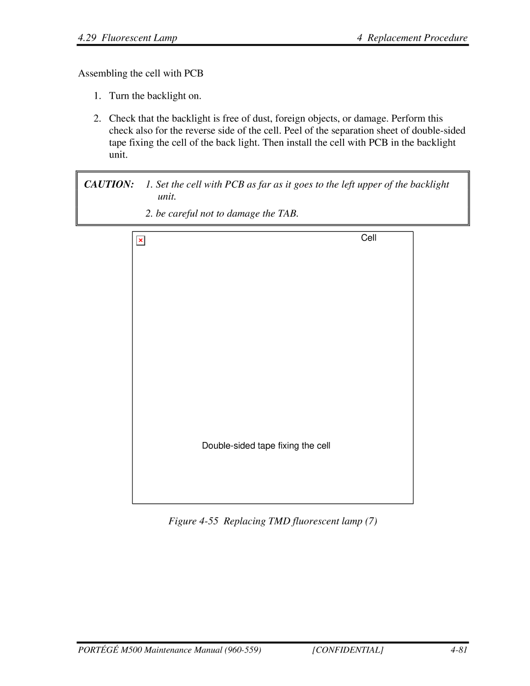 Toshiba SATELLITE U200 manual Replacing TMD fluorescent lamp 