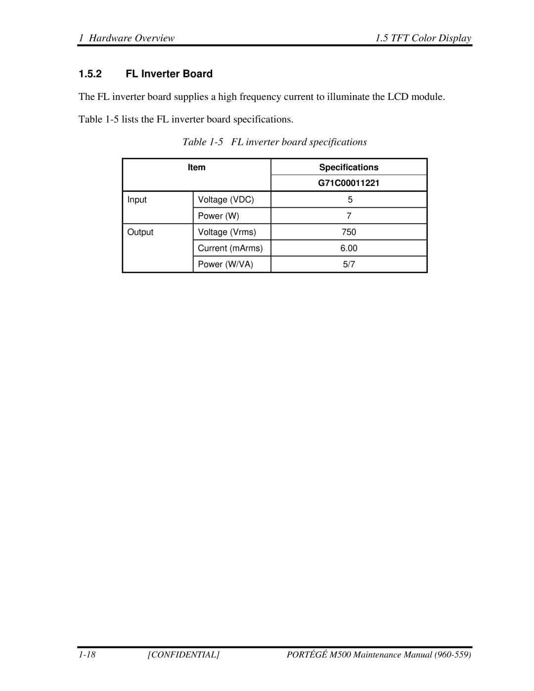 Toshiba SATELLITE U200 manual Hardware Overview TFT Color Display, FL Inverter Board, FL inverter board specifications 