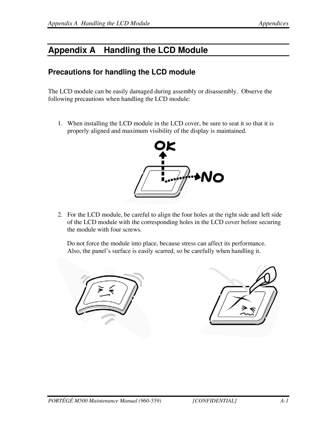 Toshiba SATELLITE U200 manual Precautions for handling the LCD module, Appendix a Handling the LCD Module Appendices 