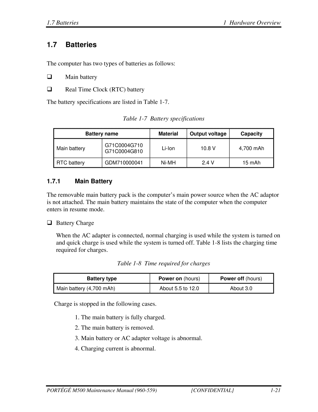 Toshiba SATELLITE U200 Batteries Hardware Overview, Battery specifications, Main Battery, Time required for charges 