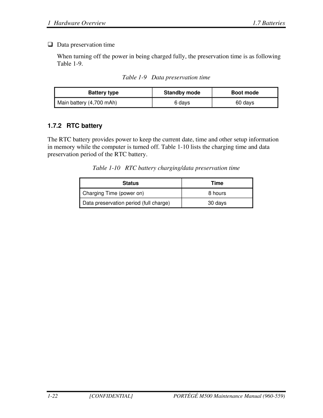 Toshiba SATELLITE U200 manual Hardware Overview Batteries, Data preservation time, RTC battery 