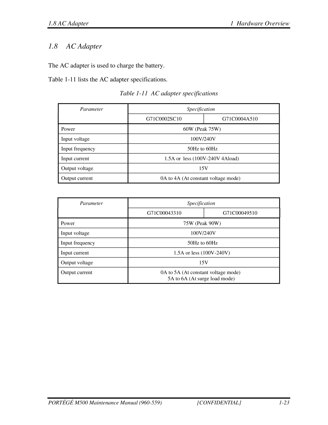 Toshiba SATELLITE U200 manual AC Adapter Hardware Overview, AC adapter specifications 