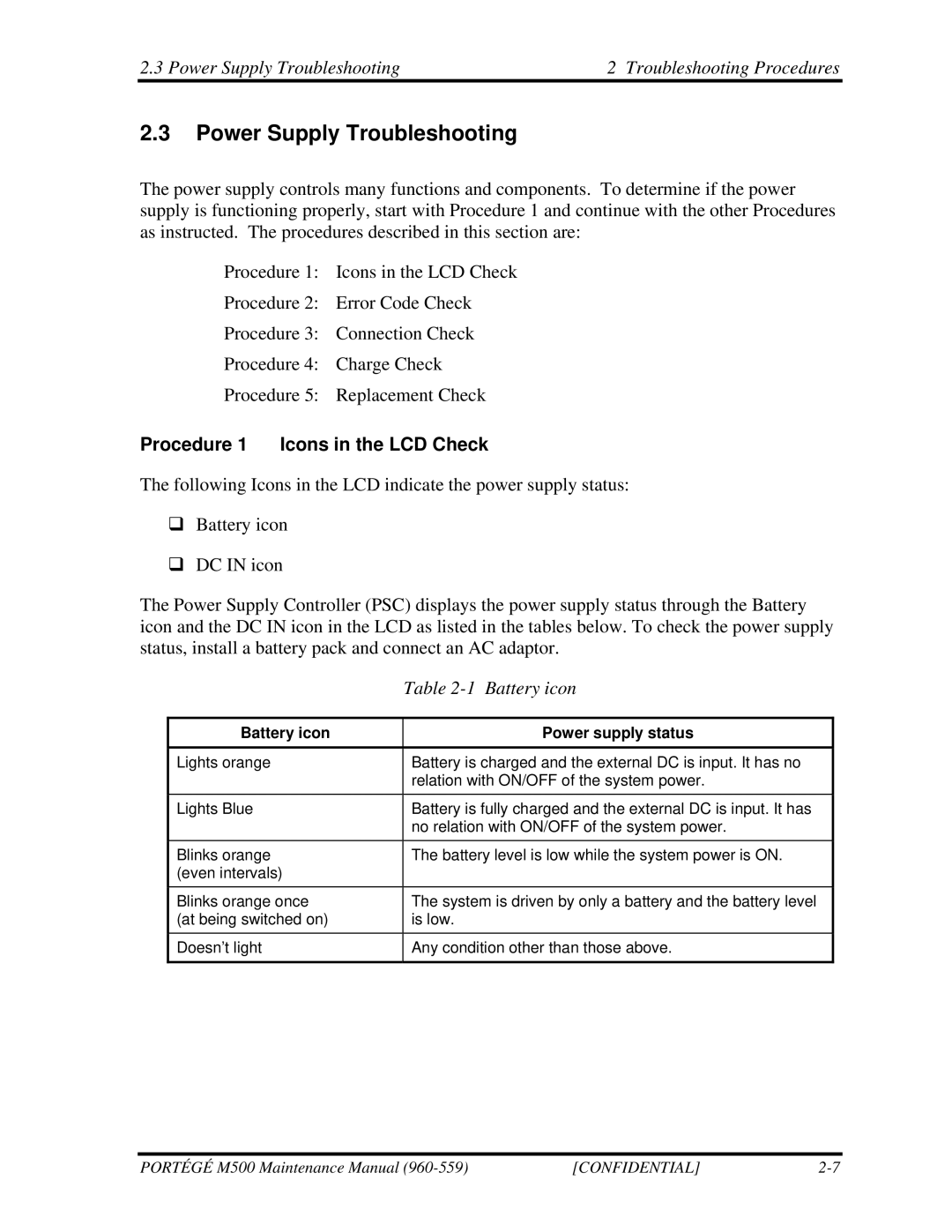 Toshiba SATELLITE U200 Power Supply Troubleshooting Troubleshooting Procedures, Procedure 1 Icons in the LCD Check 