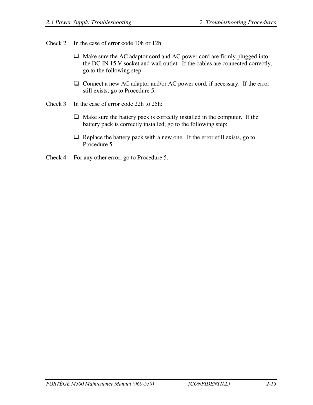 Toshiba SATELLITE U200 manual Power Supply Troubleshooting Troubleshooting Procedures 