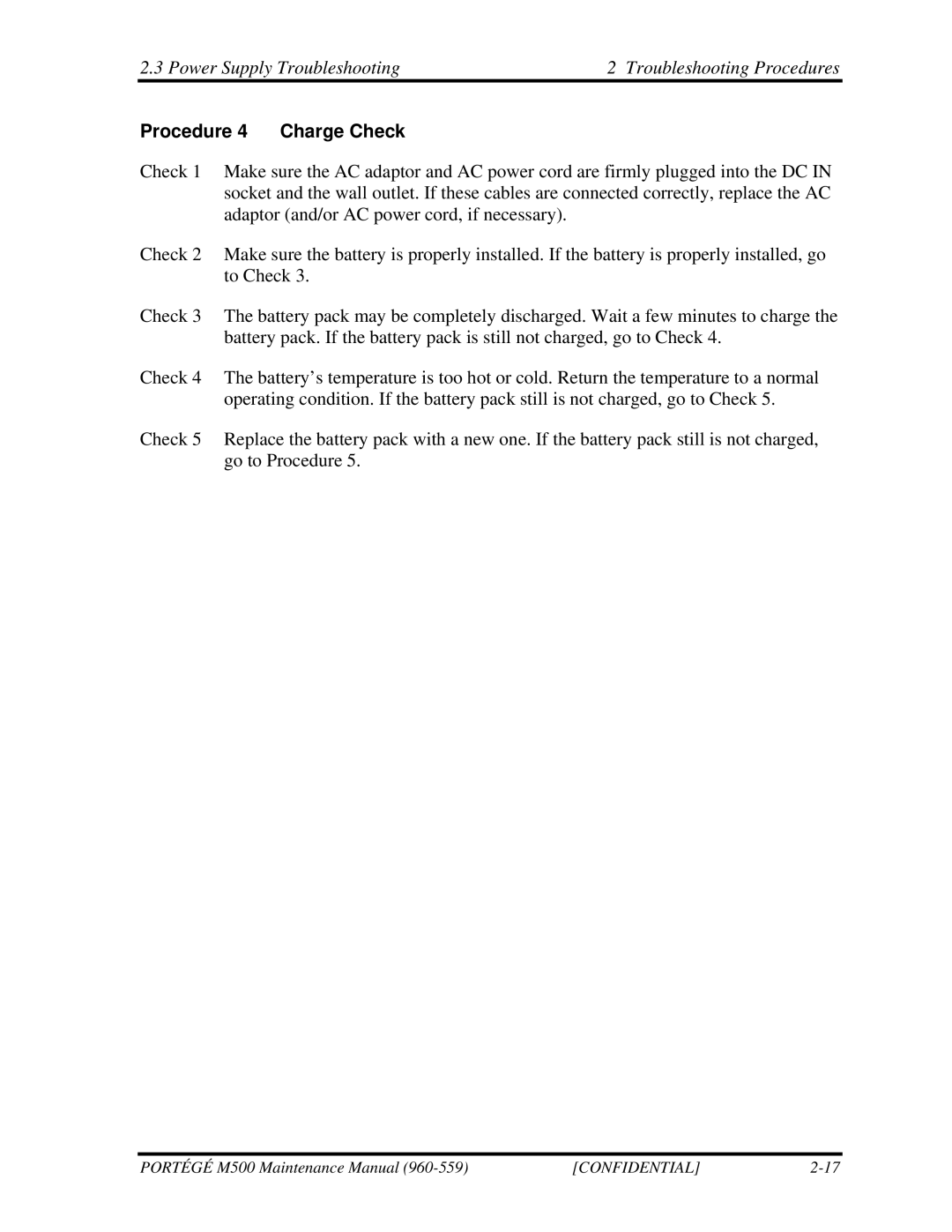 Toshiba SATELLITE U200 manual Procedure 4 Charge Check 