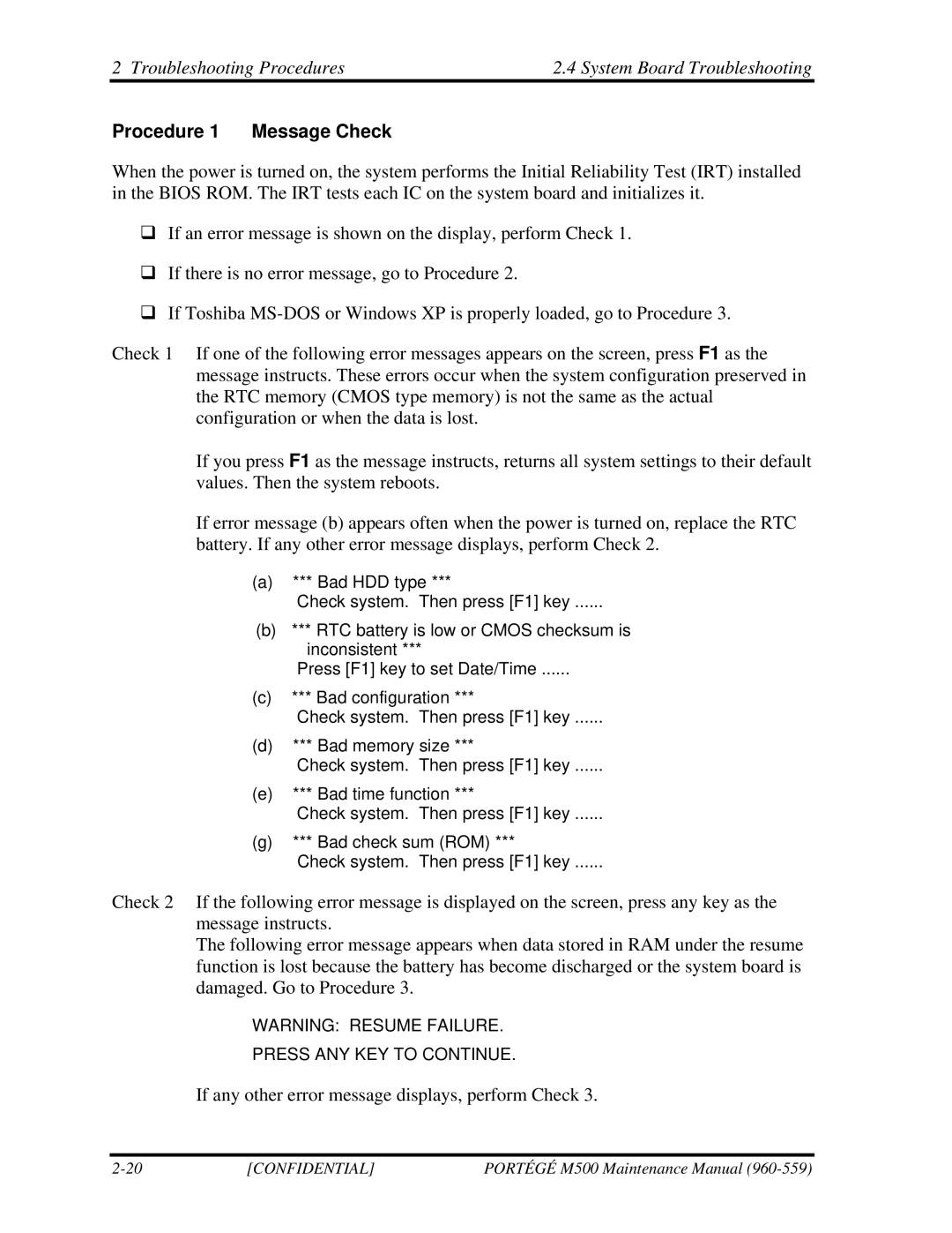 Toshiba SATELLITE U200 manual Troubleshooting Procedures System Board Troubleshooting, Procedure 1 Message Check 