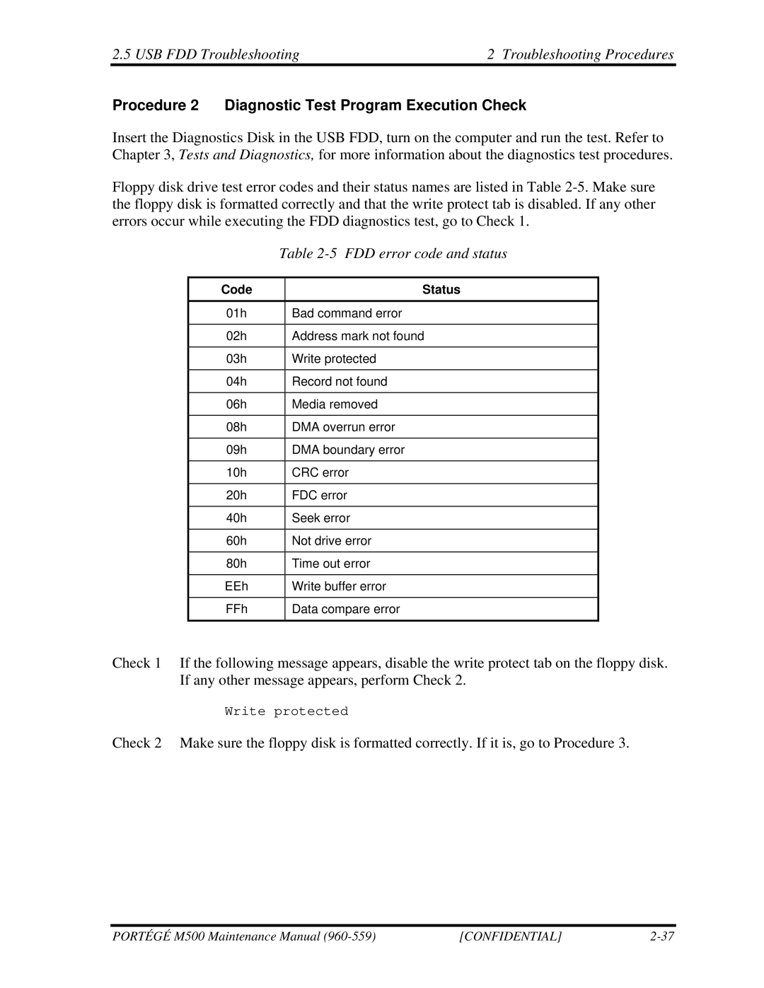 Toshiba SATELLITE U200 manual USB FDD Troubleshooting Troubleshooting Procedures, FDD error code and status 