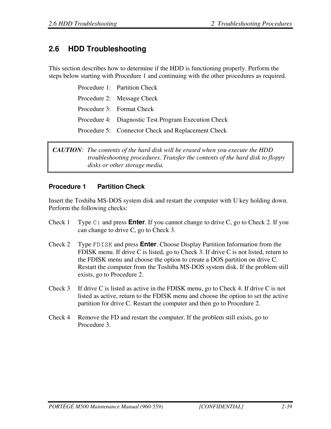 Toshiba SATELLITE U200 manual HDD Troubleshooting Troubleshooting Procedures, Procedure 1 Partition Check 