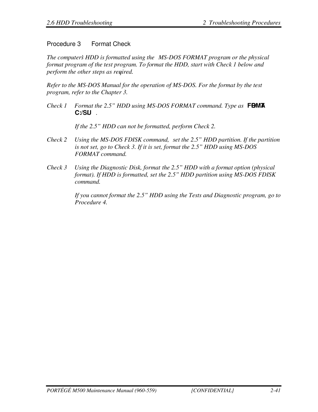 Toshiba SATELLITE U200 manual Procedure 3 Format Check 