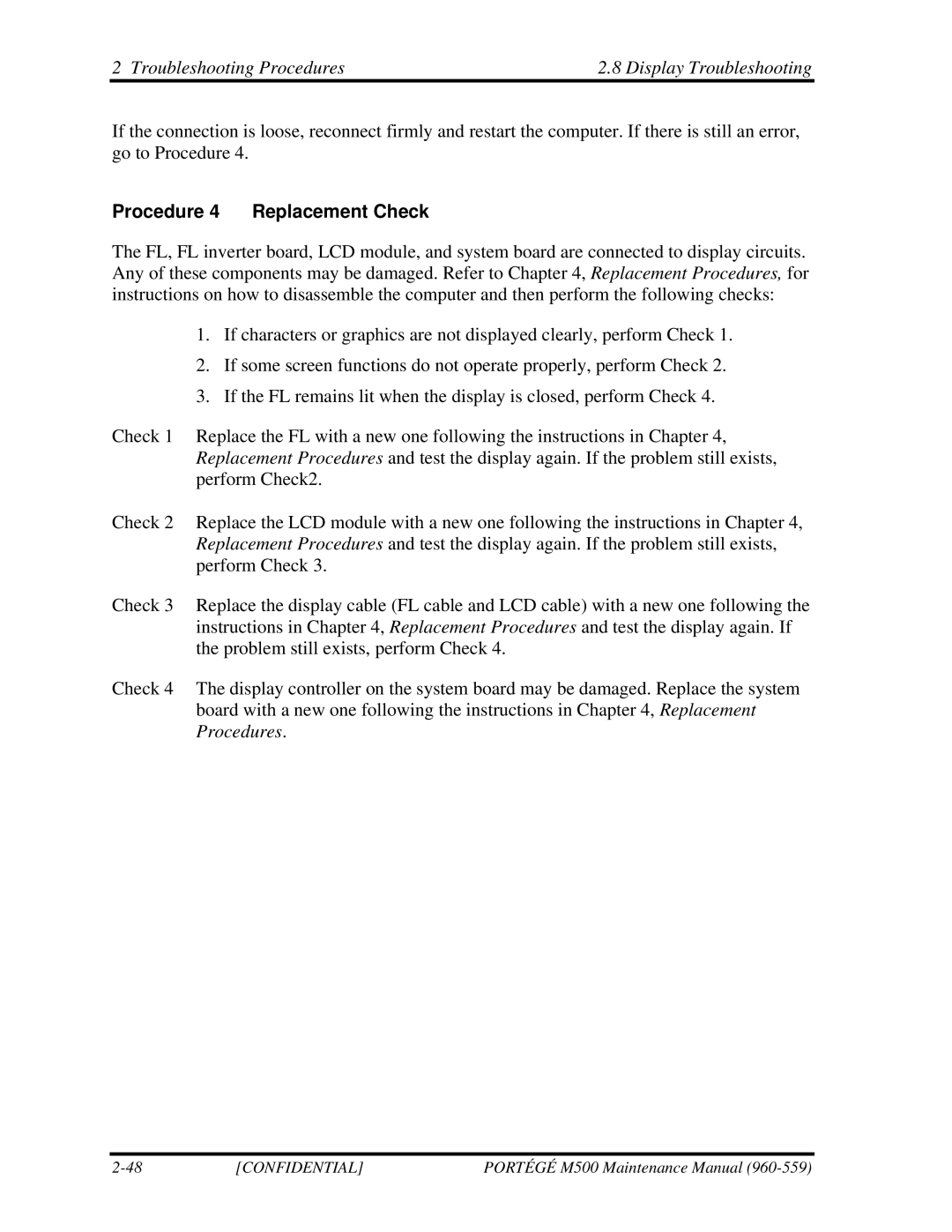 Toshiba SATELLITE U200 manual Troubleshooting Procedures Display Troubleshooting, Procedure 4 Replacement Check 