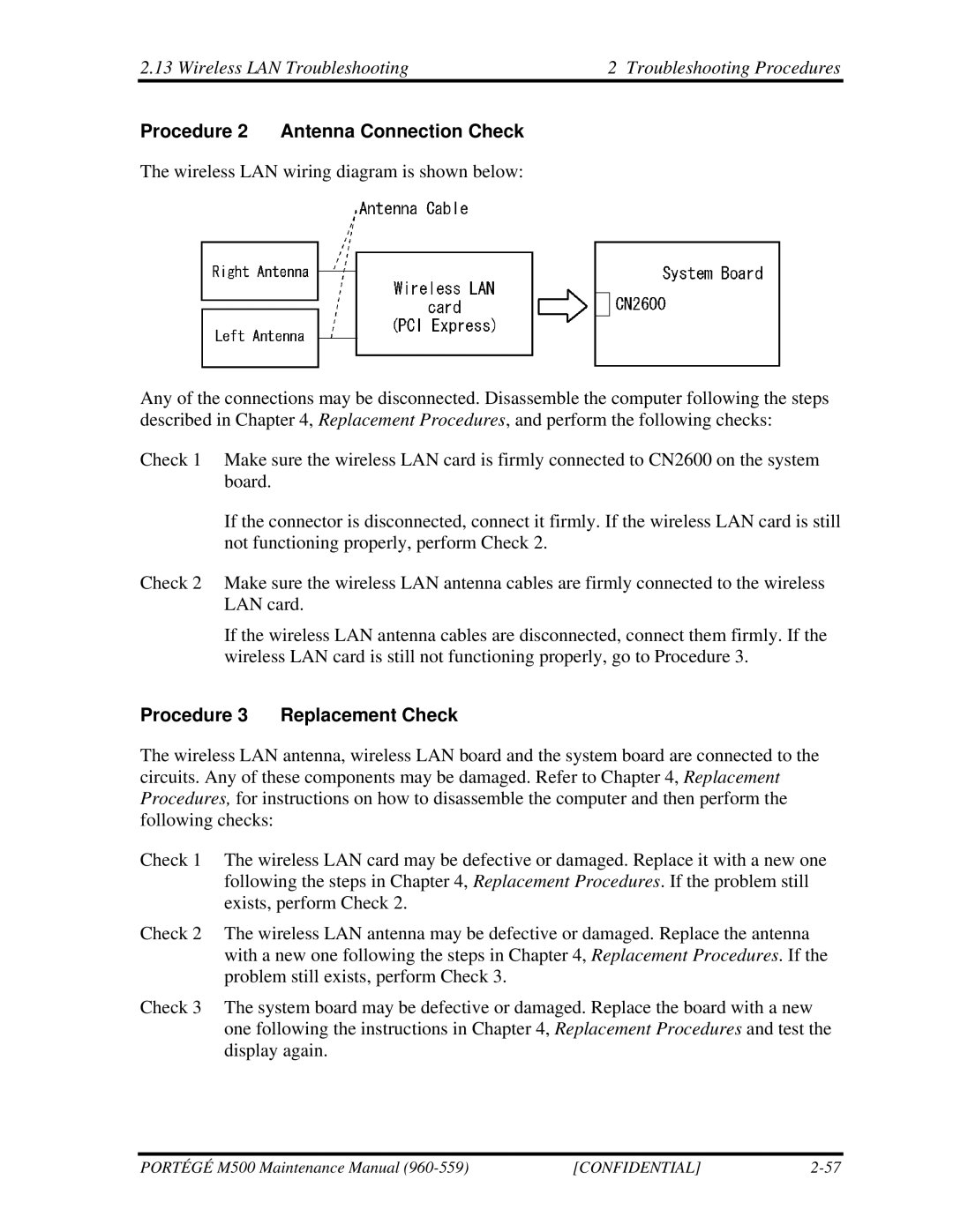 Toshiba SATELLITE U200 manual Wireless LAN Troubleshooting Troubleshooting Procedures, Procedure 2 Antenna Connection Check 