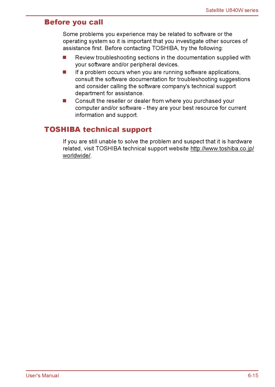 Toshiba Satellite U840W user manual Before you call, Toshiba technical support 