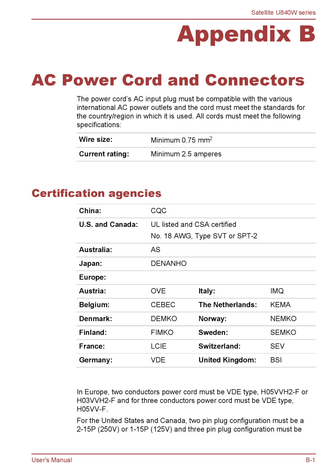 Toshiba Satellite U840W user manual AC Power Cord and Connectors, Certification agencies 