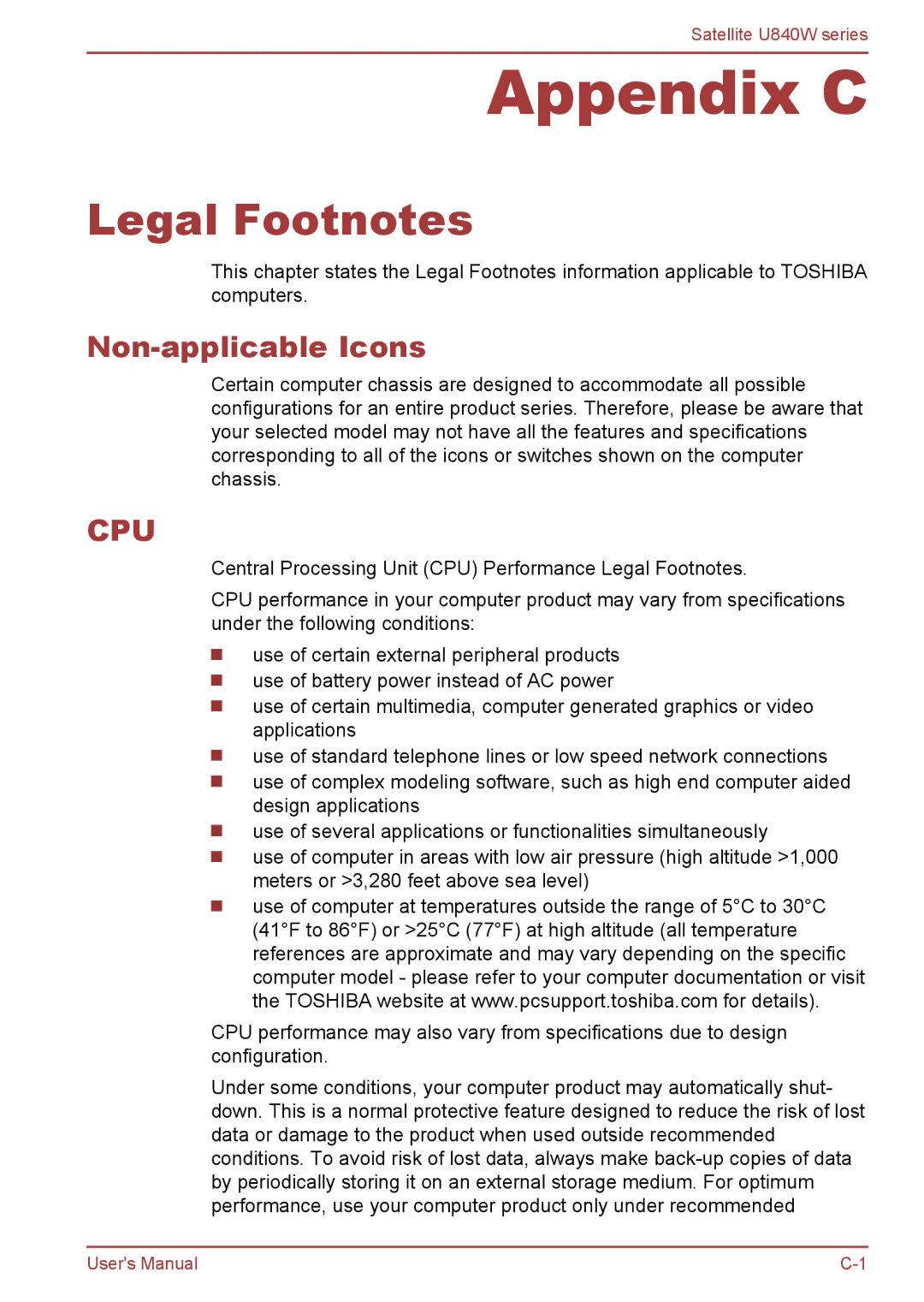 Toshiba Satellite U840W user manual Legal Footnotes, Non-applicable Icons 