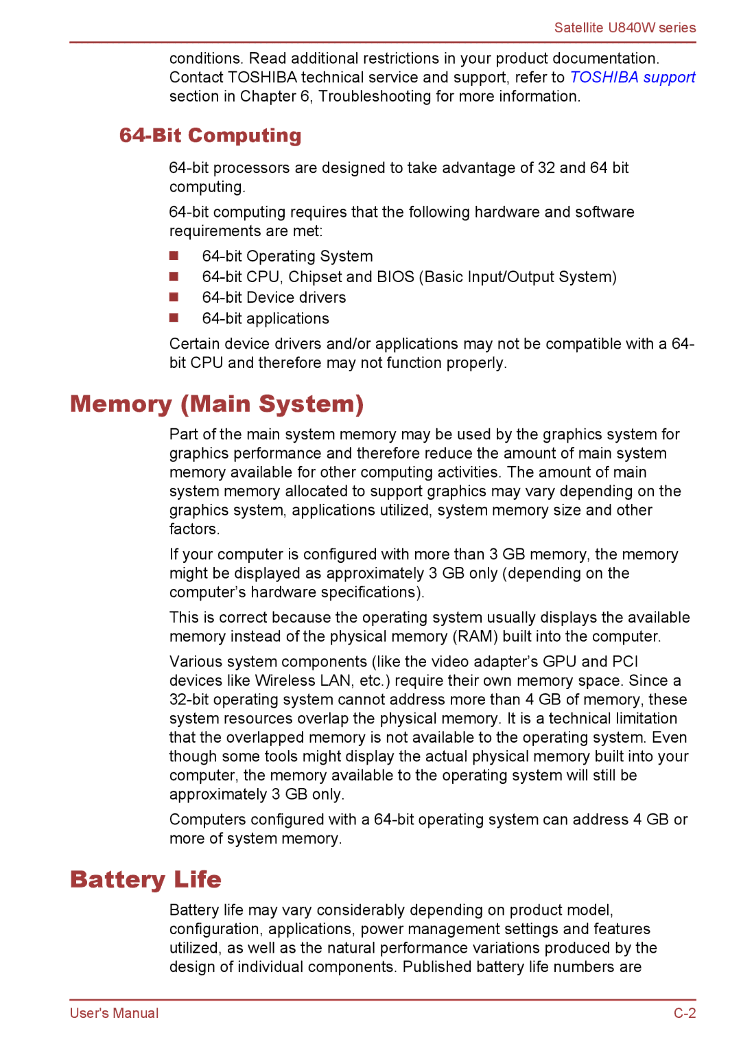 Toshiba Satellite U840W user manual Memory Main System, Battery Life, Bit Computing 