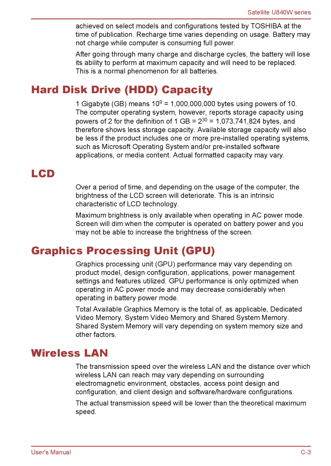 Toshiba Satellite U840W user manual Hard Disk Drive HDD Capacity, Graphics Processing Unit GPU, Wireless LAN 