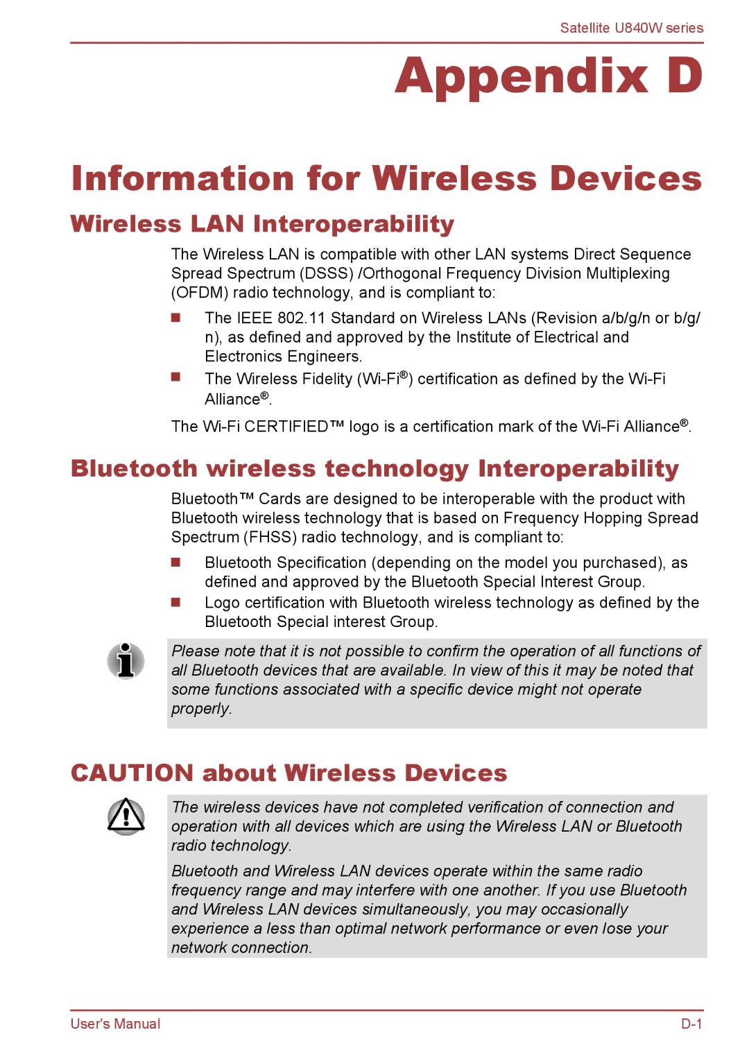 Toshiba Satellite U840W user manual Information for Wireless Devices, Wireless LAN Interoperability 